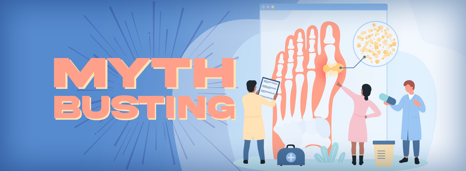 The phrase "myth busting" appears on a blue background, with doctors examining gout in the illustration.